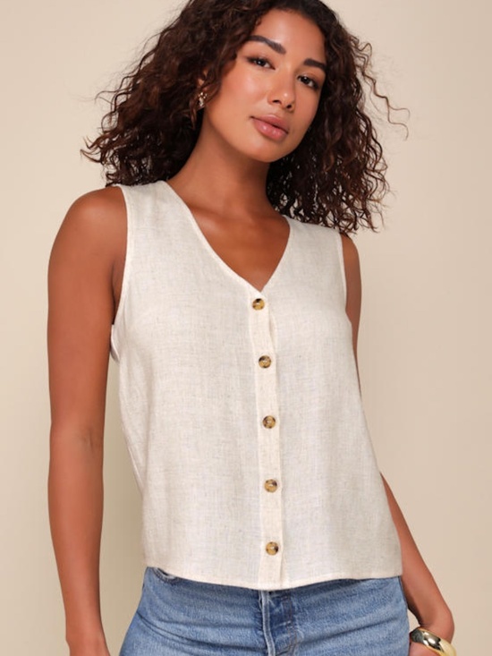 Lulus Tops - Lulus Casually Sophisticated Beige Linen Sleeveless Button-front Top - Size L